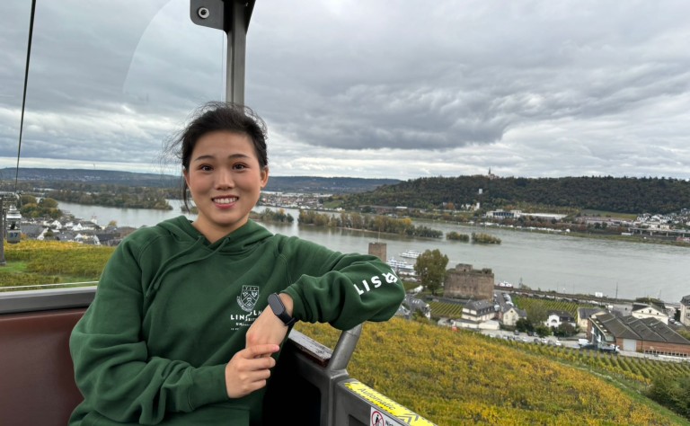 Jenny in Rudesheim with Lincoln hoodie