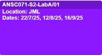 Screen shot of the Lab activity type as shown on the timetable viewer. A purple coloured tile that displays the course code, location and dates of the activity.