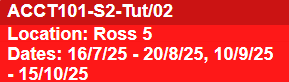 Screen shot of the Tutorial activity type as shown on the timetable viewer. A red coloured tile that displays the course code, location and dates of the activity.