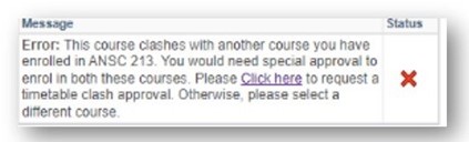 Screenshot of an error message you will get if you try to enrol in a course in LUCAS and there is a timetable clash.